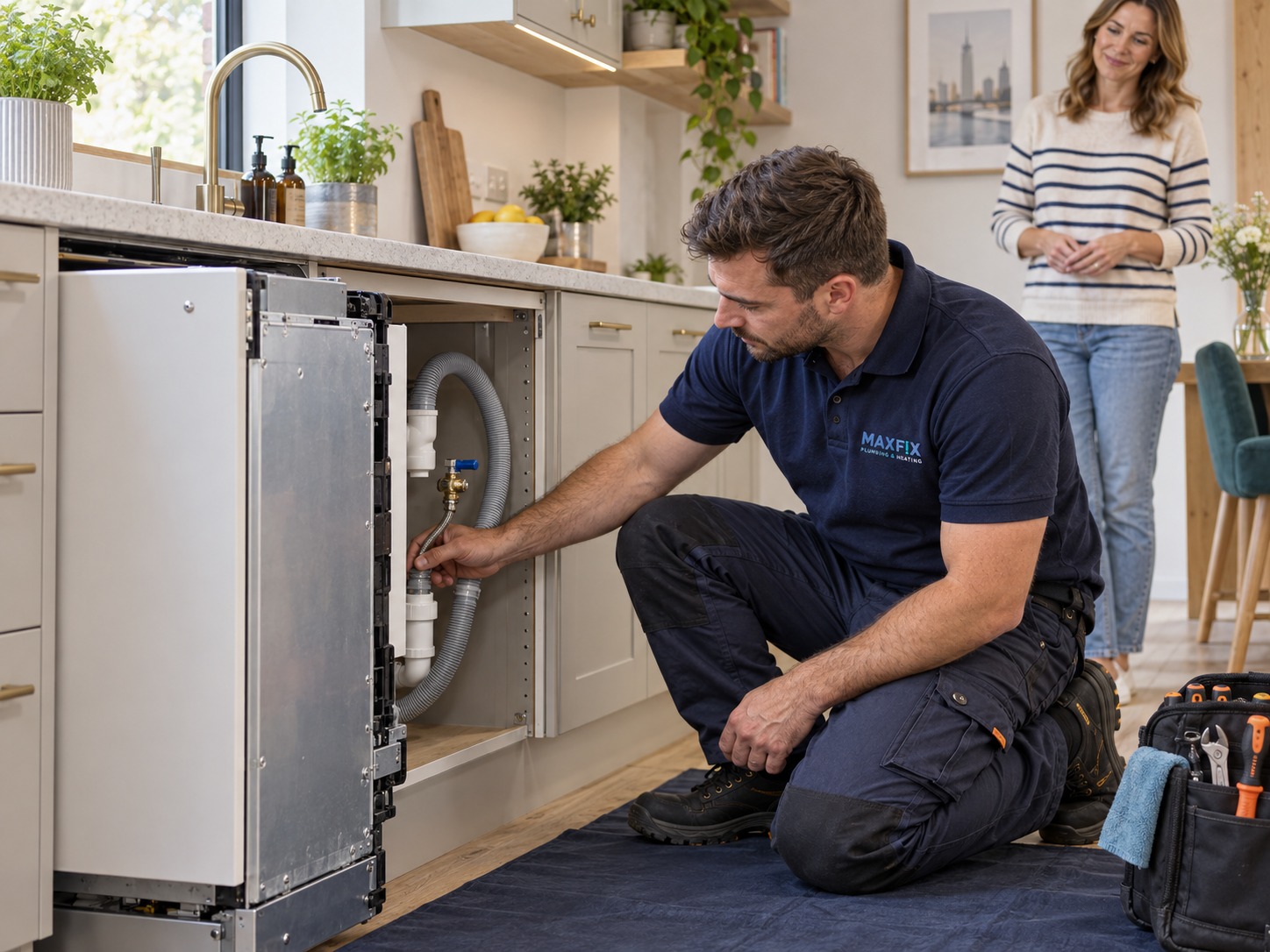 Maxfix engineer installing a dishwasher in a kitchen