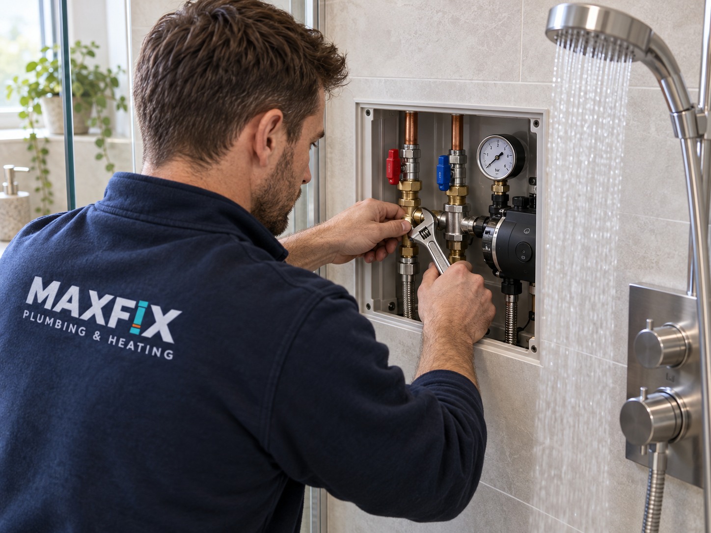Maxfix engineer installing concealed shower valves and pipework