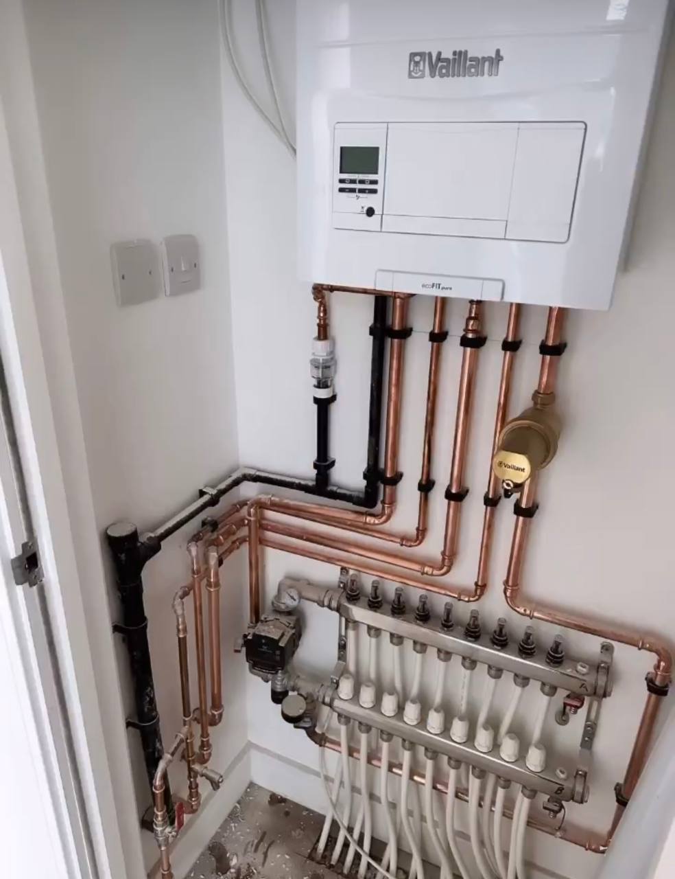 Vaillant central heating manifold and pipework after boiler installation in South West London