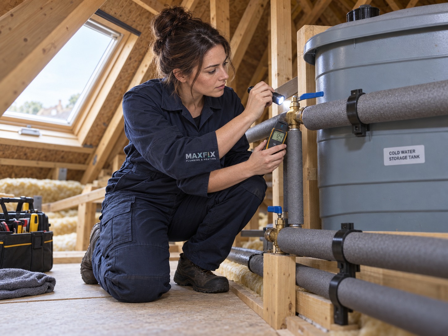 Maxfix heating engineer working on a hot water cylinder and insulated pipework