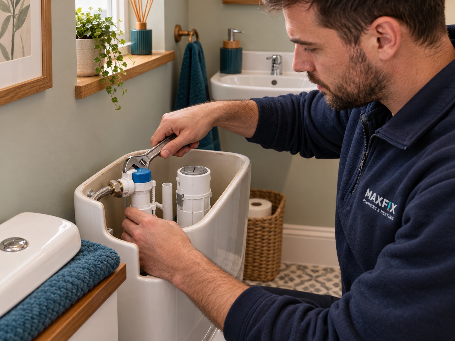 Maxfix plumber repairing the internal parts of a toilet cistern