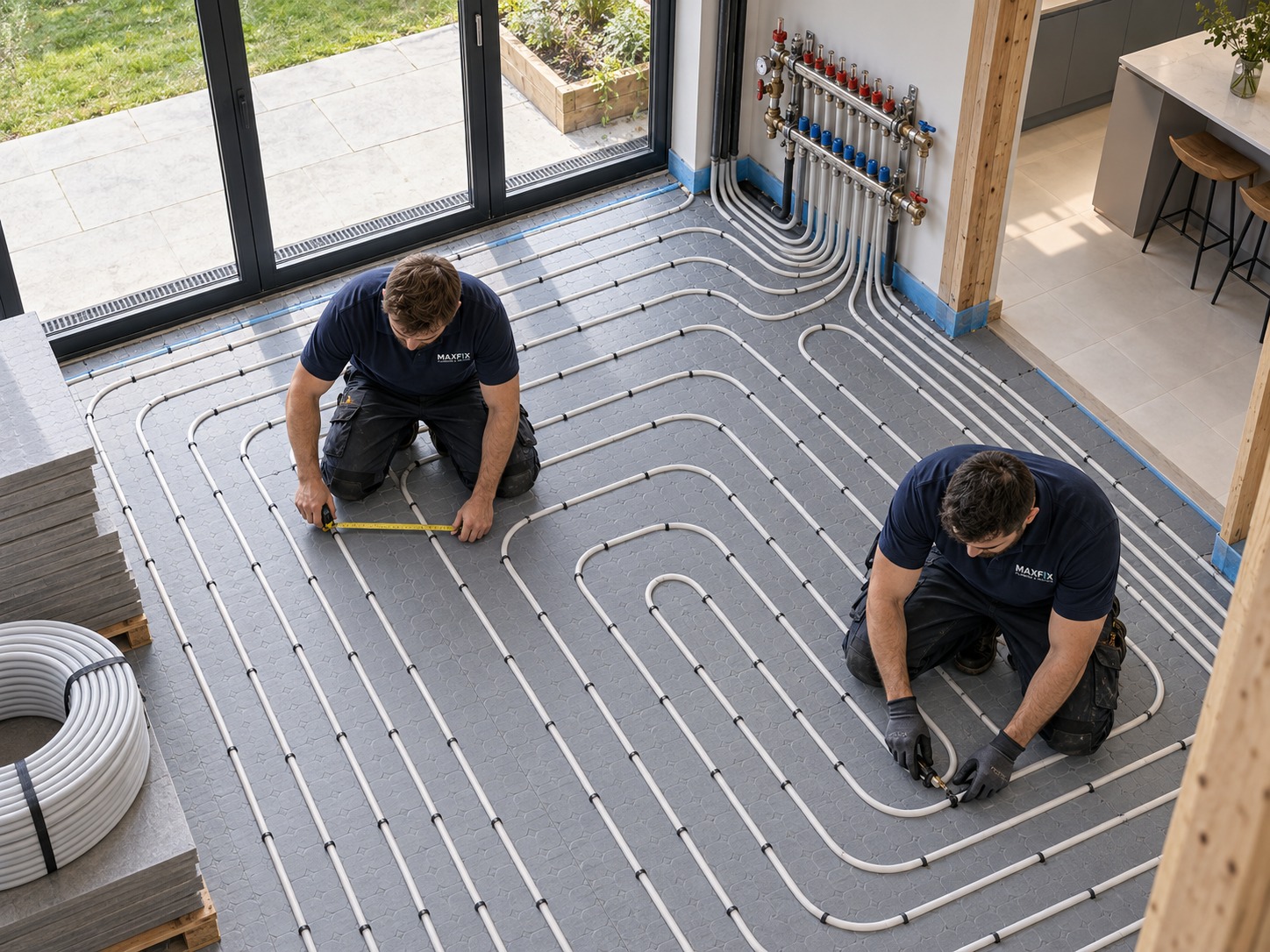 Maxfix engineers installing wet underfloor heating pipework